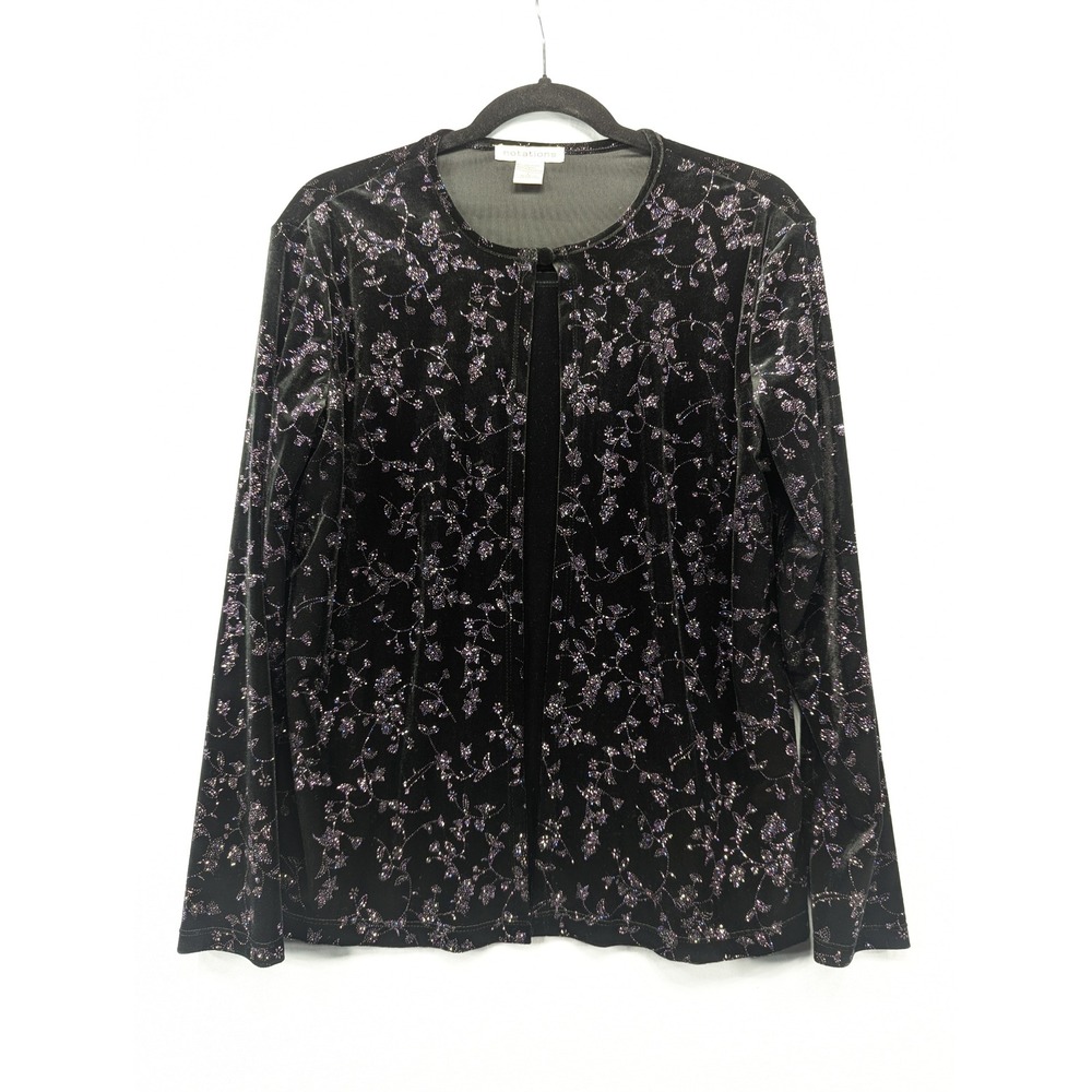Notations Velvet Floral Open‎ Front Cardigan Black Purple Elegant Layering L